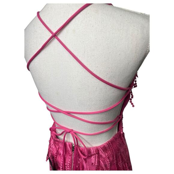New Lulus Dress Womens M Making Magic Fringe Lace Up Mini Overlay Bright Pink - Picture 5 of 16
